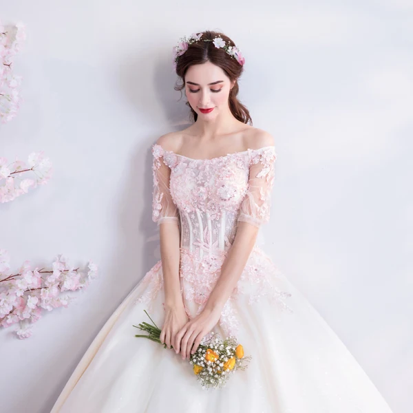 Affordable Champagne Pearl Pink Floor-Length / Long White Wedding Dresses 2018 Tulle Lace Appliques Backless Beading Corset Strapless Ball Gown Wedding
