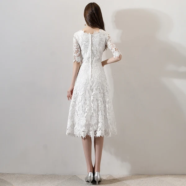 Chic / Beautiful White Wedding 2018 A-Line / Princess U-Neck Lace-up 1/2 Sleeves Zipper Up Short Wedding Dresses