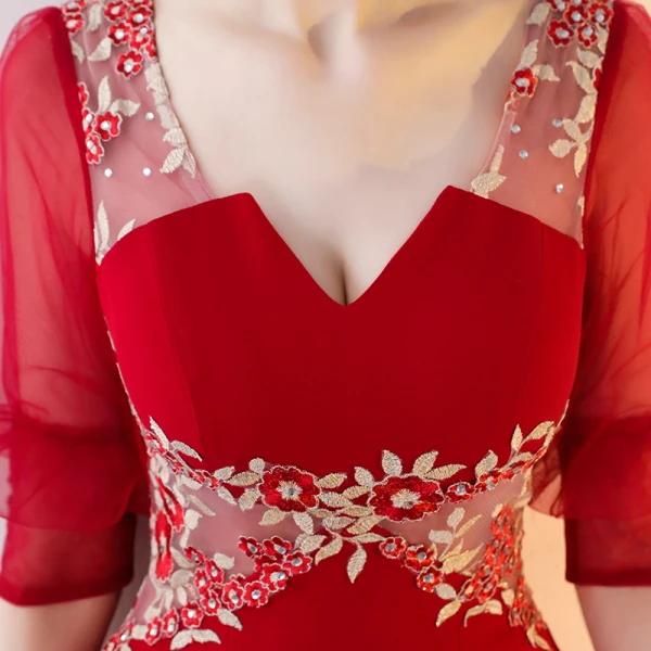 Amazing / Unique Red Floor-Length / Long Evening Dresses 2018 Trumpet / Mermaid V-Neck Charmeuse Lace-up Beading Backless Embroidered Formal Dresses