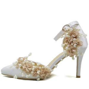 Flower Fairy White Wedding Satin Appliques Beading Pearl Wedding Shoes 2018
