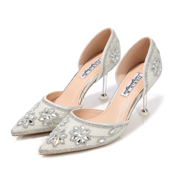 Mode Weiß Brautschuhe 2019 8 cm Perlenstickerei Polyester Kristall Perle Strass Hochhackige Spitzschuh Damenschuhe