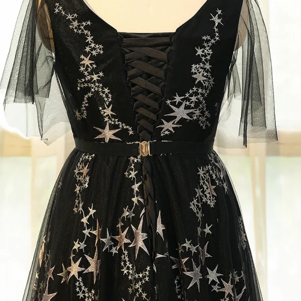 Chic / Beautiful Black Plus Size Prom Dresses 2018 A-Line / Princess Tulle V-Neck Star Backless Printing Embroidered Evening Party Evening Dresses