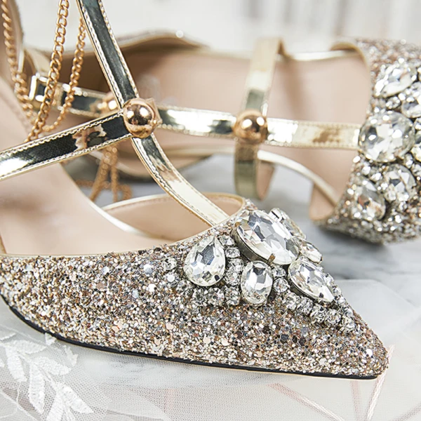 Luxury / Gorgeous Gold Wedding Shoes 2020 9 cm Pointed Toe Beading Sequins Rhinestone Cocktail Party Evening Party Womens Shoes