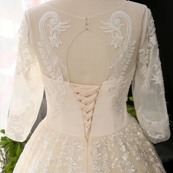 Luxury / Gorgeous Champagne Ball Gown Wedding Dresses 2021 Crossed Straps U-Neck Long Sleeve Lace Tulle Appliques Backless Beading Pearl Sequins Cathedral Train Wedding
