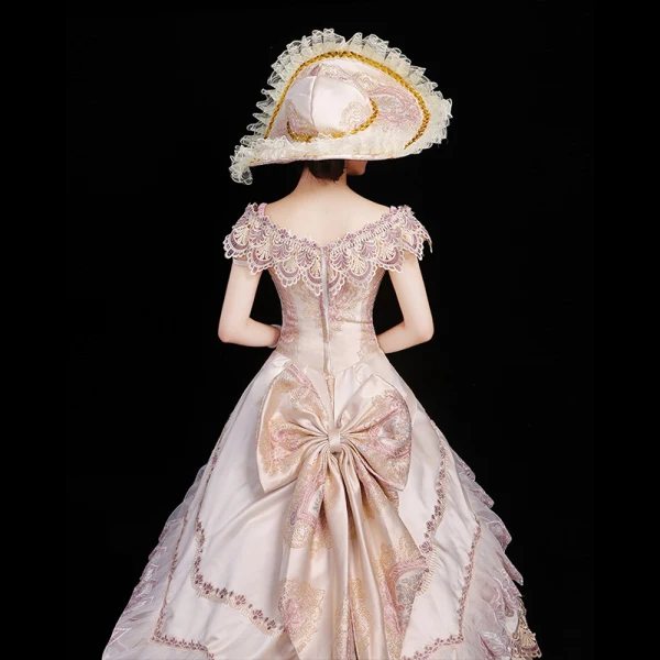 Vintage / Retro Medieval Blushing Pink Ball Gown Prom Dresses 2021 U-Neck 3D Lace Embroidered Printing Short Sleeve Prom Chapel Train Formal Dresses