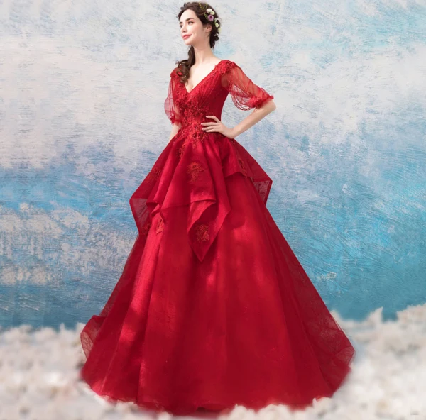 Amazing / Unique Red Floor-Length / Long Prom Dresses 2018 1/2 Sleeves V-Neck Tulle Ball Gown Embroidered Appliques Backless Beading Prom Evening Dresses
