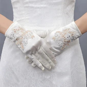 Amazing Unique Ivory Champagne Wedding 2018 Lace Up Charmeuse Beading Sequins Bridal Gloves