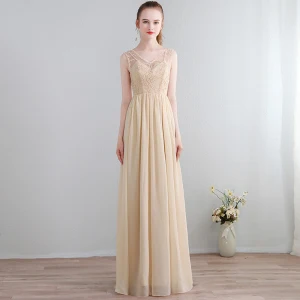 Charmant Sexy Longue Champagne Robe De Soirée 2018 Fermeture Éclair V Cou Chiffon Lacer Appliques Dos Nu Perlage Robe De Ceremonie