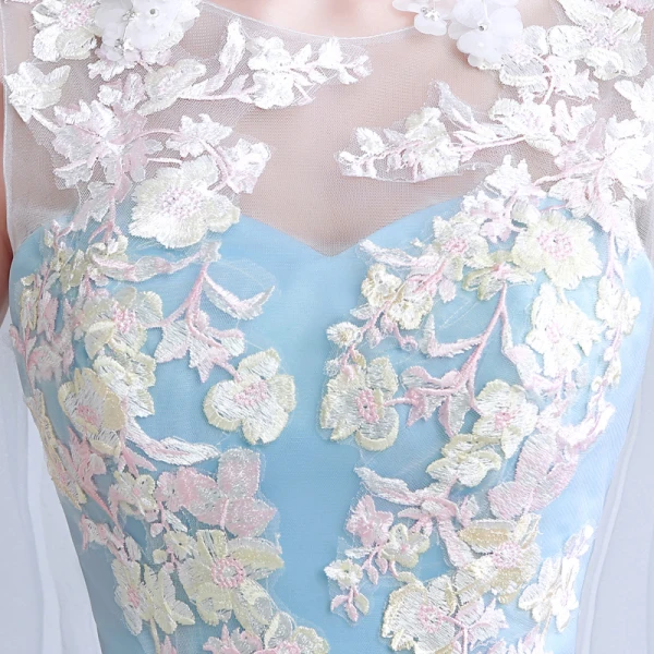 Chic / Beautiful Sky Blue Evening Dresses  2017 A-Line / Princess U-Neck Appliques Backless Embroidered Tulle Evening Party Prom Dresses