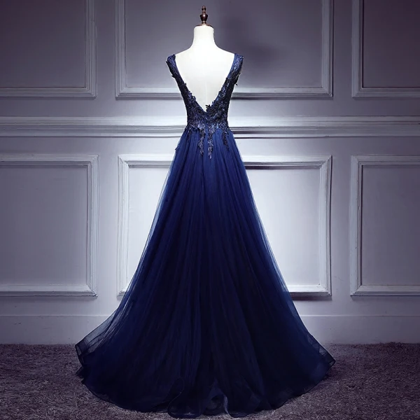 Modern / Fashion Royal Blue Evening Dresses 2017 A-Line / Princess Lace Tulle V-Neck Backless Beading Evening Party Formal Dresses