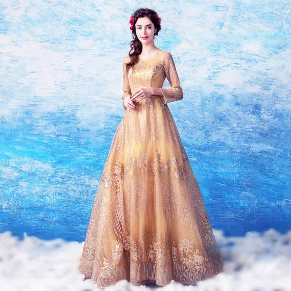Chic / Beautiful Gold Prom Dresses 2018 A-Line / Princess Floor-Length / Long Tulle U-Neck Appliques Backless Beading Glitter Sequins Prom Formal Dresses