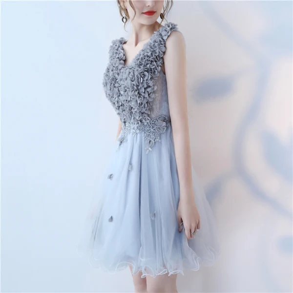 Modern / Fashion 2017 Ink Blue Graduation Dresses V-Neck Lace Appliques Backless Pierced Homecoming A-Line / Princess Party Dresses