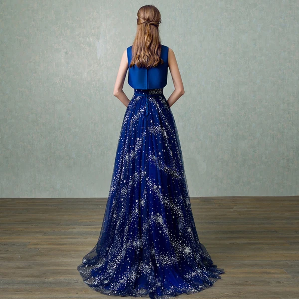 Chic / Beautiful Sparkly Royal Blue Evening Dresses 2017 A-Line / Princess U-Neck Lace Backless Glitter Sequins Chiffon Bling Bling Homecoming Evening Party Prom Dresses