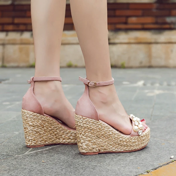 Chic / Beautiful Candy Pink 2018 Beach Sandals Casual Leather Beading Pearl Thick Heels 10 cm Pointed Toe Womens Shoes
