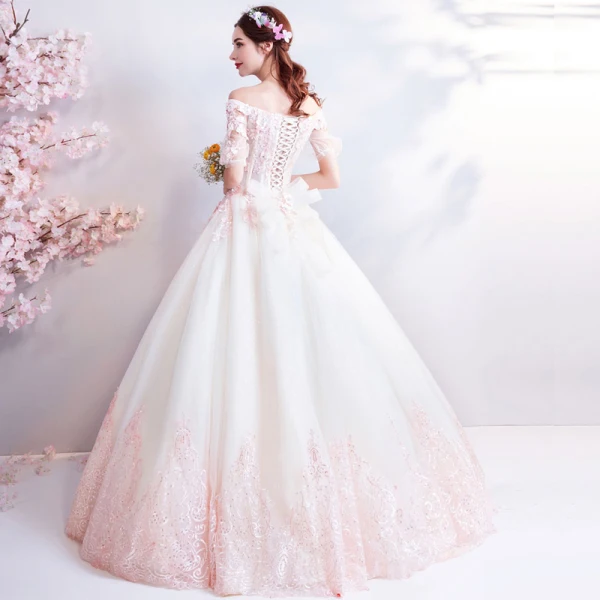 Affordable Champagne Pearl Pink Floor-Length / Long White Wedding Dresses 2018 Tulle Lace Appliques Backless Beading Corset Strapless Ball Gown Wedding