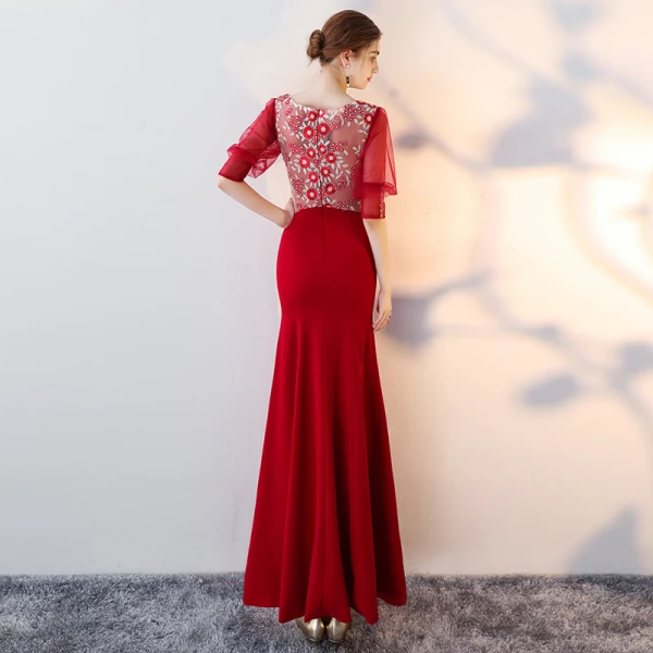 Amazing / Unique Red Floor-Length / Long Evening Dresses 2018 Trumpet / Mermaid V-Neck Charmeuse Lace-up Beading Backless Embroidered Formal Dresses