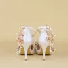 Flower Fairy White Wedding Satin Appliques Beading Pearl Wedding Shoes 2018