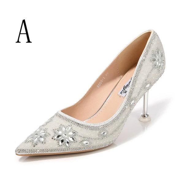 Mode Weiß Brautschuhe 2019 8 cm Perlenstickerei Polyester Kristall Perle Strass Hochhackige Spitzschuh Damenschuhe