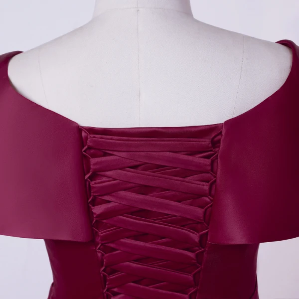 Simple Bordeaux Grande Taille Robe De Soirée 2020 Princesse V-Cou Longue Manches Courtes Bretelles croisées Fait main Couleur Unie Satin Soirée Robe De Ceremonie