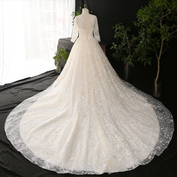 Luxury / Gorgeous Champagne Ball Gown Wedding Dresses 2021 Crossed Straps U-Neck Long Sleeve Lace Tulle Appliques Backless Beading Pearl Sequins Cathedral Train Wedding