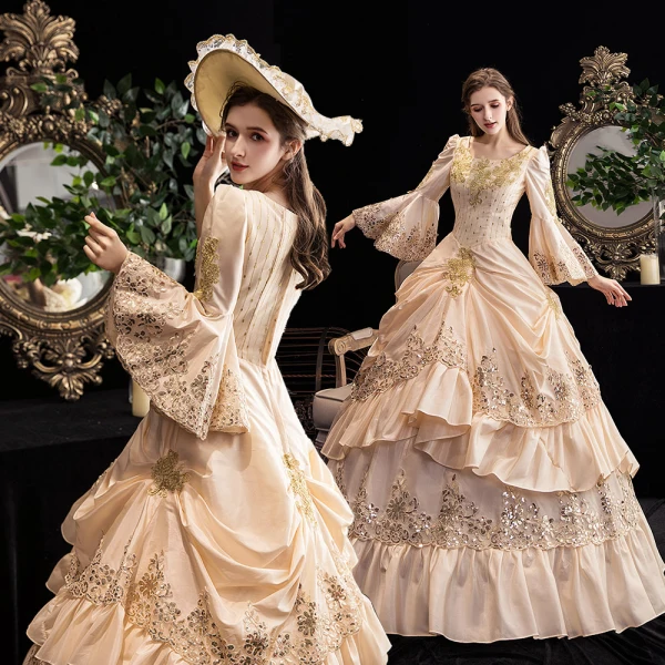 Vintage / Retro Luxury / Gorgeous Medieval Champagne Formal Dresses 2021 Long Sleeve U-Neck Floor-Length / Long 3D Lace Beading Sequins Cosplay Prom Ball Gown Prom Dresses