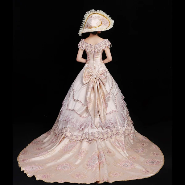 Vintage / Retro Medieval Blushing Pink Ball Gown Prom Dresses 2021 U-Neck 3D Lace Embroidered Printing Short Sleeve Prom Chapel Train Formal Dresses