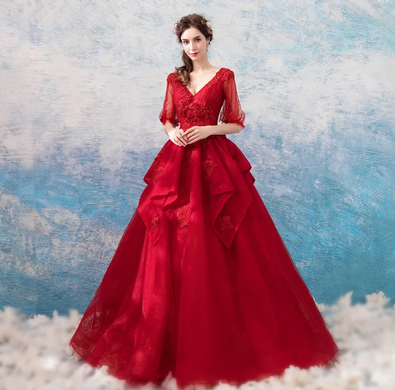 Red Winter Ball Dresses 2018 3D Flowers Red Off-shoulder Engagement Ball  Gown