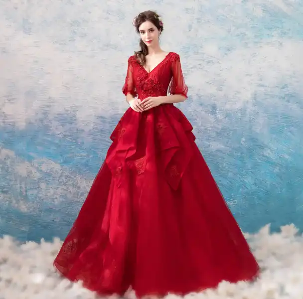 Unique Rouge Longue Robe De Bal 2018 1/2 Manches V-Cou Tulle Robe Boule ...