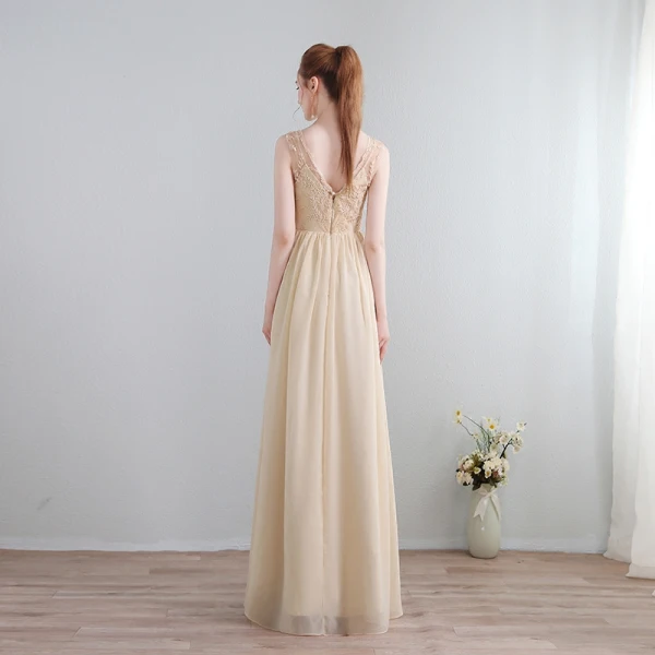 Charming Sexy Floor-Length / Long Champagne Evening Dresses 2018 Zipper Up V-Neck Chiffon Lace-up Appliques Backless Beading Formal Dresses