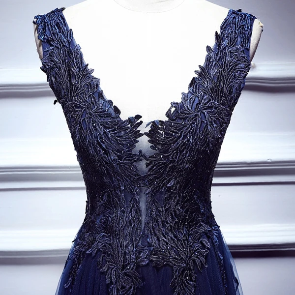 Modern / Fashion Royal Blue Evening Dresses 2017 A-Line / Princess Lace Tulle V-Neck Backless Beading Evening Party Formal Dresses
