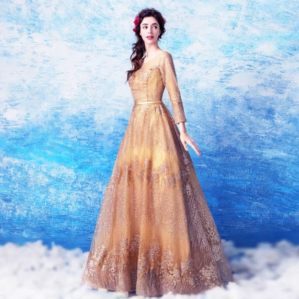 Chic / Beautiful Gold Prom Dresses 2018 A-Line / Princess Floor-Length / Long Tulle U-Neck Appliques Backless Beading Glitter Sequins Prom Formal Dresses