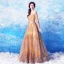 Chic / Beautiful Gold Prom Dresses 2018 A-Line / Princess Floor-Length / Long Tulle U-Neck Appliques Backless Beading Glitter Sequins Prom Formal Dresses