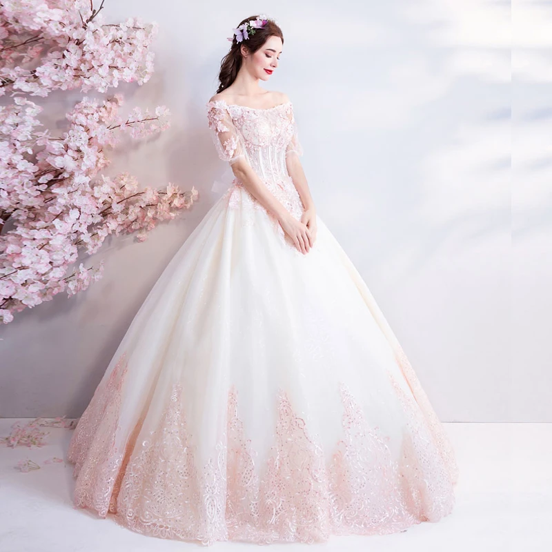 Affordable Champagne Pearl Pink Floor-Length Long White Wedding Dresses 2018 Tulle Lace