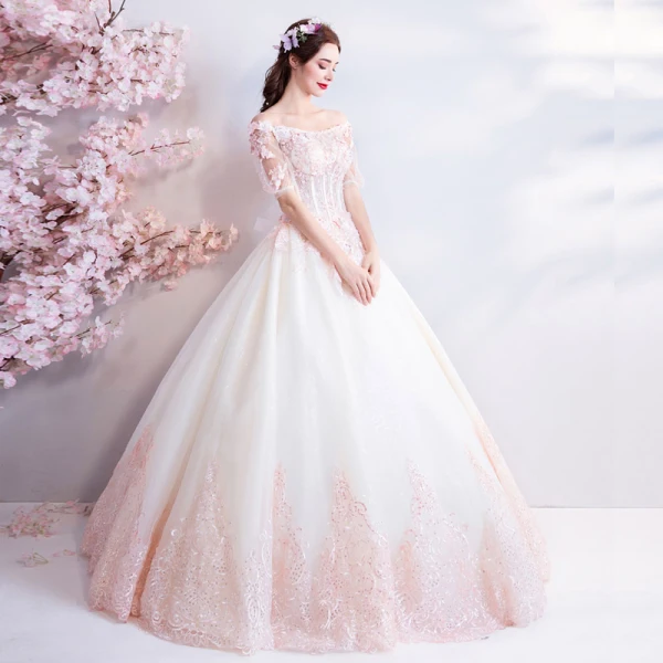 Affordable Champagne Pearl Pink Floor-Length / Long White Wedding Dresses 2018 Tulle Lace Appliques Backless Beading Corset Strapless Ball Gown Wedding