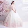 Affordable Champagne Pearl Pink Floor-Length / Long White Wedding Dresses 2018 Tulle Lace Appliques Backless Beading Corset Strapless Ball Gown Wedding