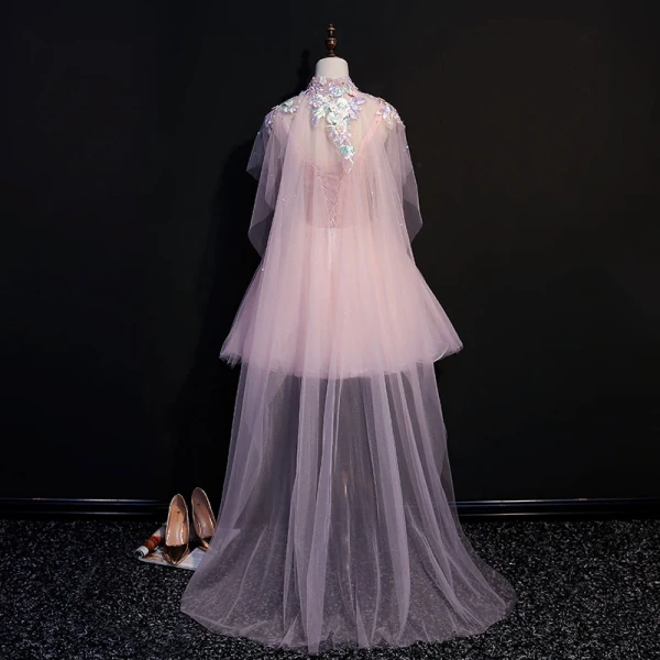 Classic Elegant Blushing Pink Watteau Train Graduation Dresses 2018 A-Line / Princess Tulle Appliques Backless Beading Strapless With Shawl Homecoming Formal Dresses