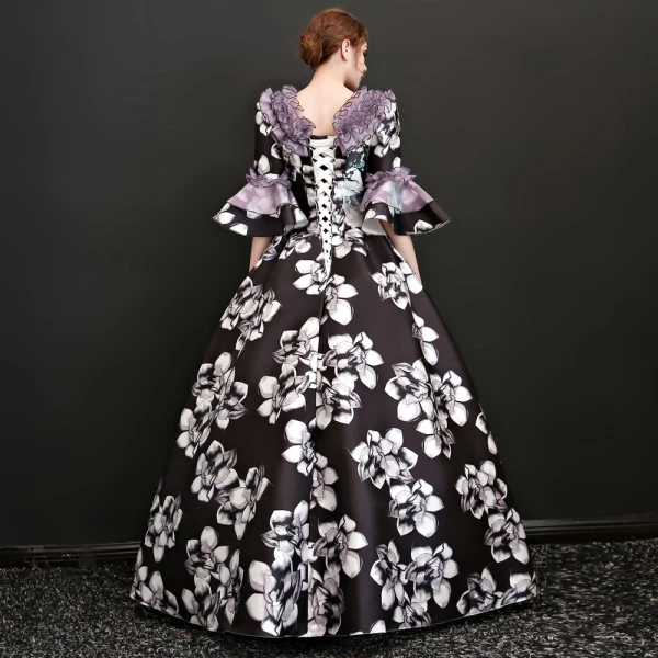 Vintage / Retro Traditional 3/4 Sleeve Multi-Colors Floor-Length / Long Ball Gown Prom Dresses 2018 Charmeuse U-Neck Backless Printing Prom Formal Dresses