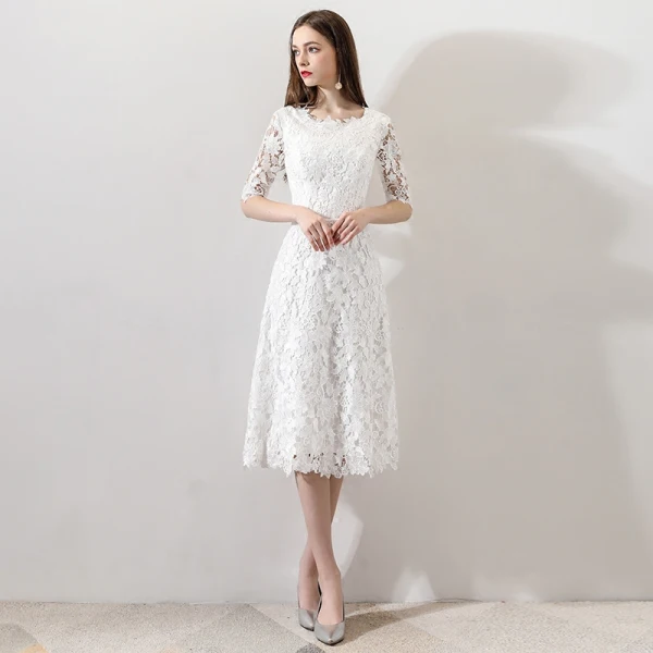 Chic / Beautiful White Wedding 2018 A-Line / Princess U-Neck Lace-up 1/2 Sleeves Zipper Up Short Wedding Dresses