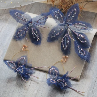 Chic Belle Bleu Marine Boucles D 039 Oreilles Accessoire Cheveux 2019 Tulle Papillon Perlage Faux Diamant Fait Main Soirée Promo Accessorize