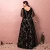 Chic / Beautiful Black Plus Size Prom Dresses 2018 A-Line / Princess Tulle V-Neck Star Backless Printing Embroidered Evening Party Evening Dresses
