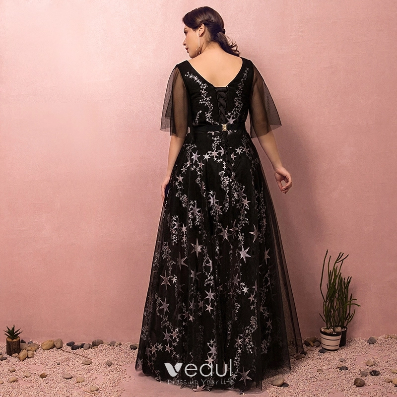 Chic Belle Noire Grande Taille Robe De Bal 2018 Princesse Tulle V Cou Etoile Dos Nu Impression Brode Soiree Robe De Soiree