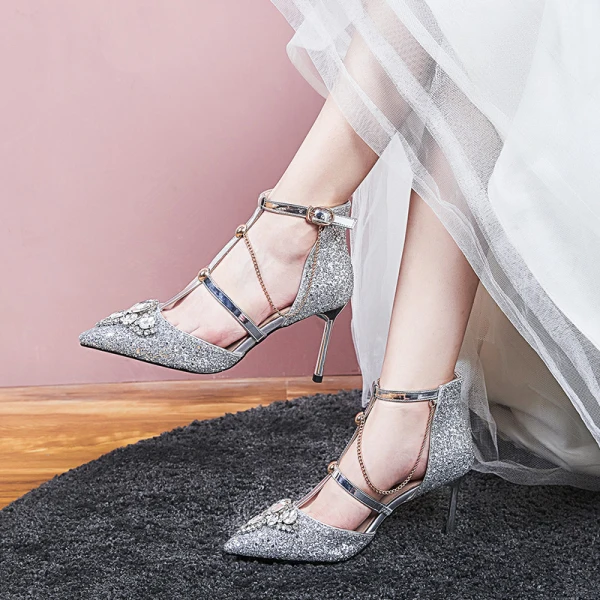 Luxury / Gorgeous Gold Wedding Shoes 2020 9 cm Pointed Toe Beading Sequins Rhinestone Cocktail Party Evening Party Womens Shoes