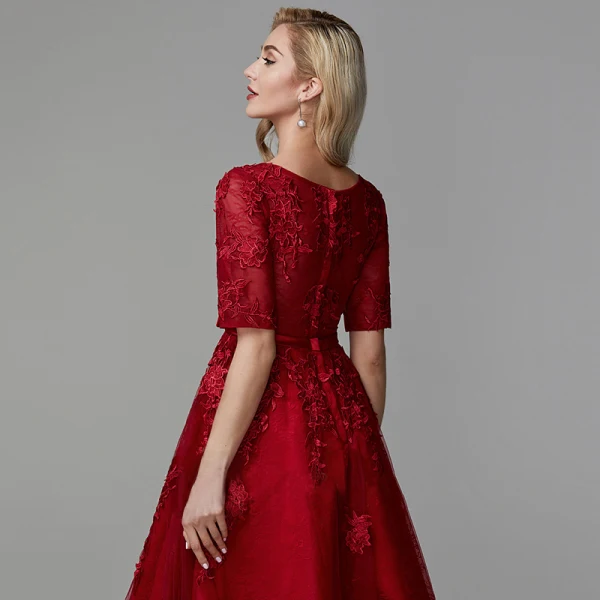 Classic Elegant Burgundy Short Graduation Dresses 2020 A-Line / Princess U-Neck 3D Lace Handmade Embroidered Cocktail Party Evening Party Formal Dresses