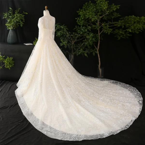 Luxury / Gorgeous Champagne Ball Gown Wedding Dresses 2021 Crossed Straps U-Neck Long Sleeve Lace Tulle Appliques Backless Beading Pearl Sequins Cathedral Train Wedding