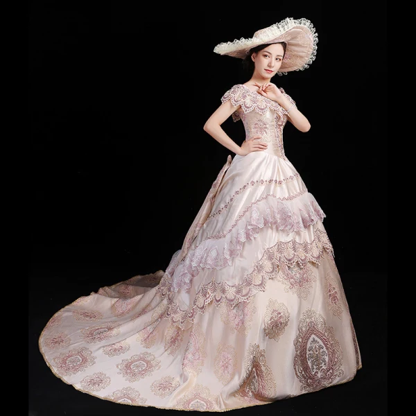 Vintage / Retro Medieval Blushing Pink Ball Gown Prom Dresses 2021 U-Neck 3D Lace Embroidered Printing Short Sleeve Prom Chapel Train Formal Dresses