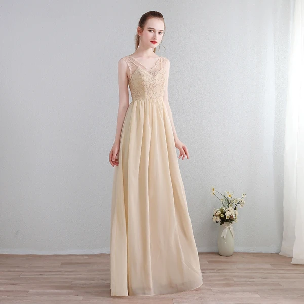 Charming Sexy Floor-Length / Long Champagne Evening Dresses 2018 Zipper Up V-Neck Chiffon Lace-up Appliques Backless Beading Formal Dresses