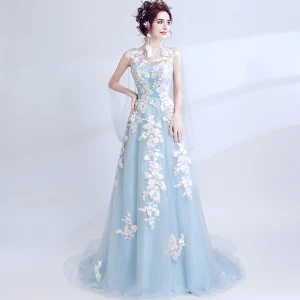 Chic Beautiful Sky Blue Evening Dresses 2017 A Line Princess U Neck Appliques Backless Embroidered Tulle Evening Party Prom Dresses