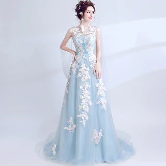 Chic Beautiful Sky Blue Evening Dresses 2017 A Line Princess U Neck Appliques Backless Embroidered Tulle Evening Party Prom Dresses