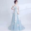 Chic / Beautiful Sky Blue Evening Dresses  2017 A-Line / Princess U-Neck Appliques Backless Embroidered Tulle Evening Party Prom Dresses