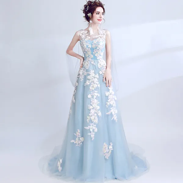 Piękne Błękitne Sukienki Wieczorowe 2017 Princessa U-Szyja Aplikacje Bez Pleców Haftowane Tiulowe Wieczorowe Sukienki Na Bal